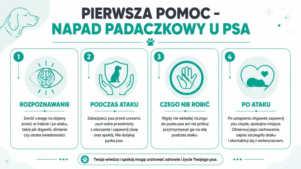 Pierwsza pomoc przy napadzie padaczkowym u psa: rozpoznawanie, co robić podczas ataku, czego nie robić i postępowanie po ataku.