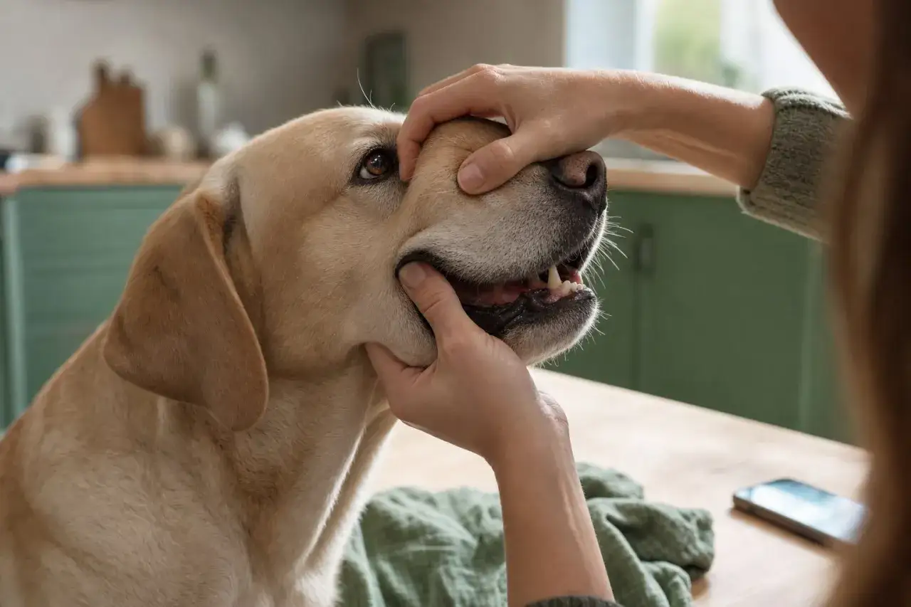 Labrador z otwartym pyskiem, pies szybko oddycha. Dłonie delikatnie badają jego pysk.