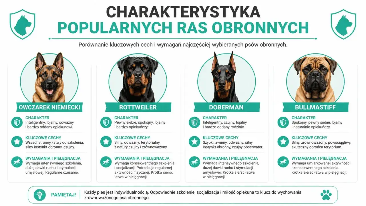 Porównanie popularnych ras psów obronnych: owczarek niemiecki, rottweiler, doberman, bullmastiff.