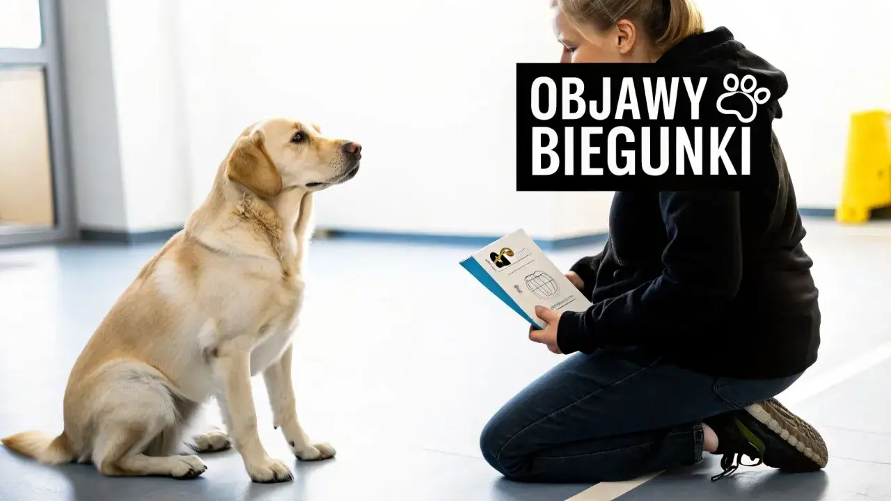 Złoty labrador siedzi, patrząc na kobietę trzymającą broszurę o objawach biegunki u psa.