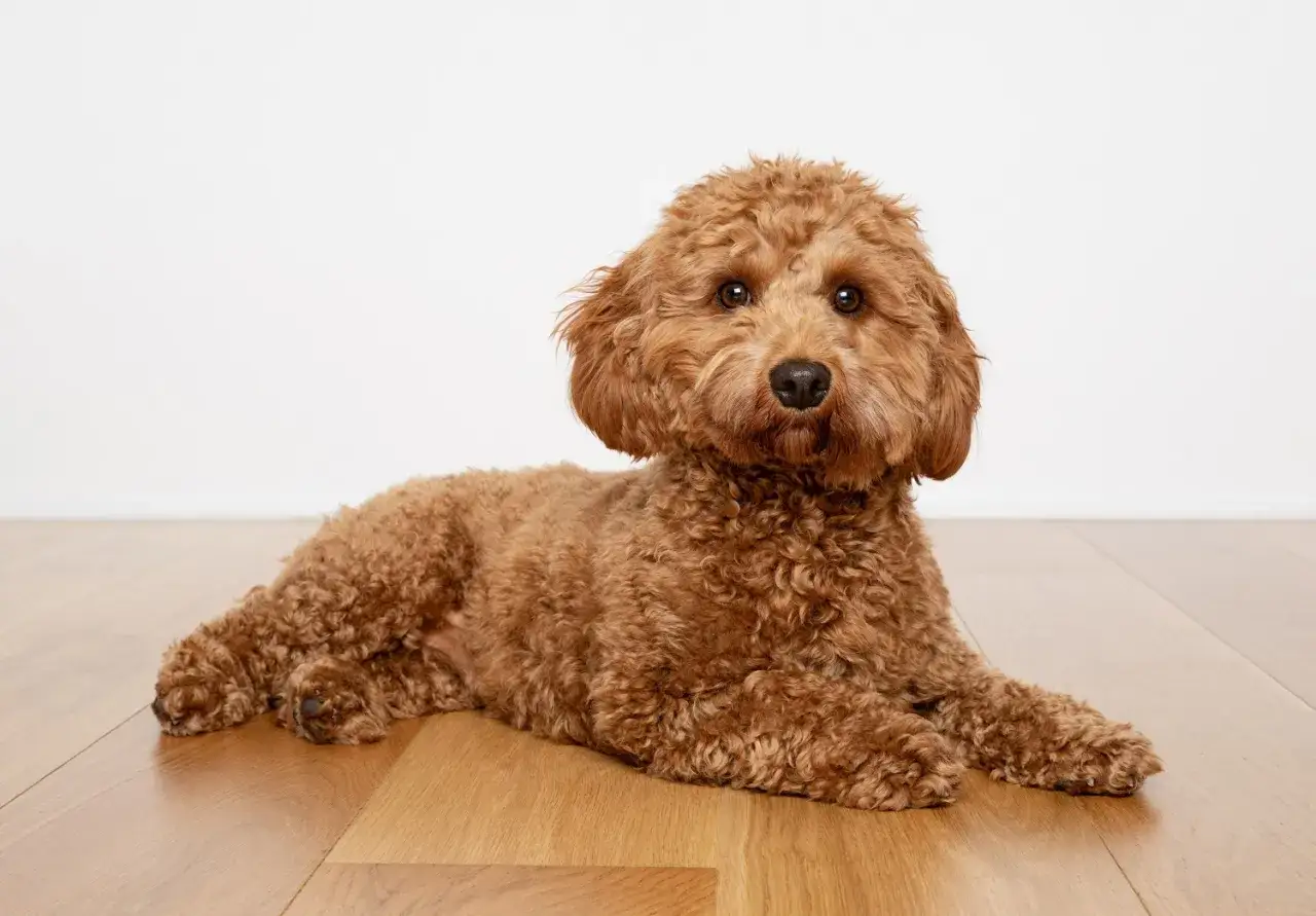 Uroczy, brązowy pies rasy labradoodle leży na drewnianej podłodze, patrząc w obiektyw.