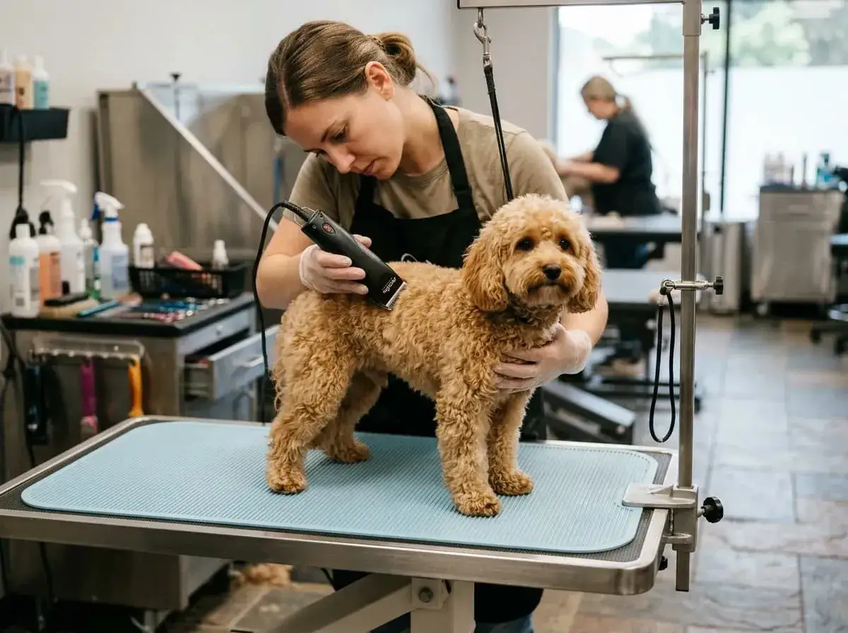 Fryzjerka strzyże uroczego maltipoo, kt&oacute;ry ma piękne, kręcone włosy.