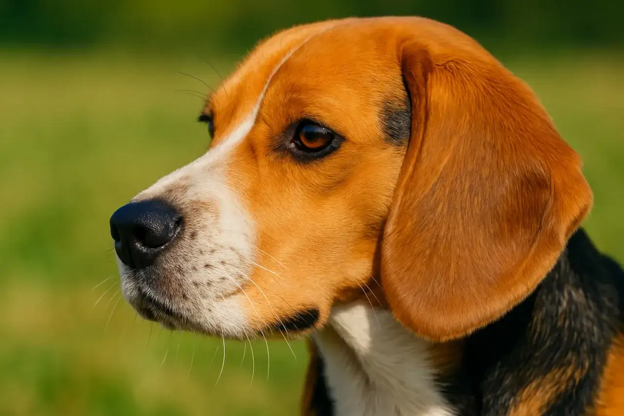 Uroczy beagle z długimi, białymi wibrysami u psa, spogląda w bok na zielone tło.
