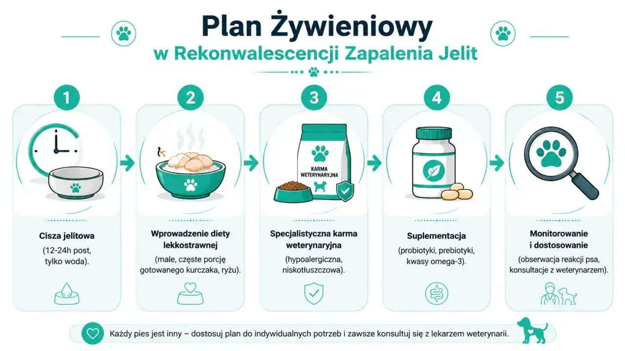 Plan żywieniowy dla psa po zapaleniu jelit: cisza jelitowa, dieta lekkostrawna, karma weterynaryjna, suplementacja i monitorowanie.